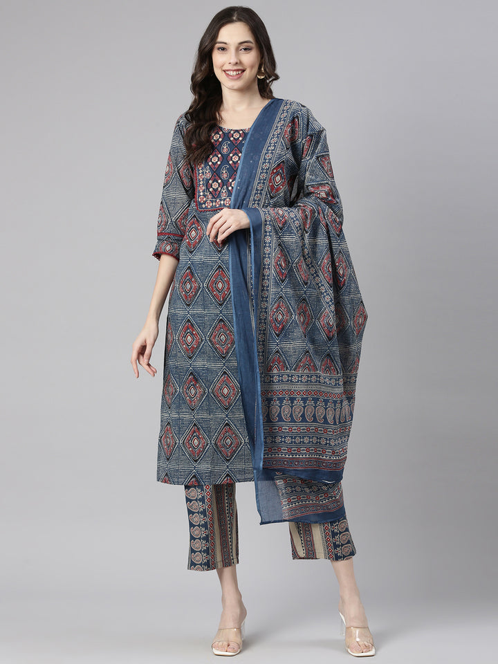 Neerus Blue Printed Straight Kurta and Trousers With Dupatta