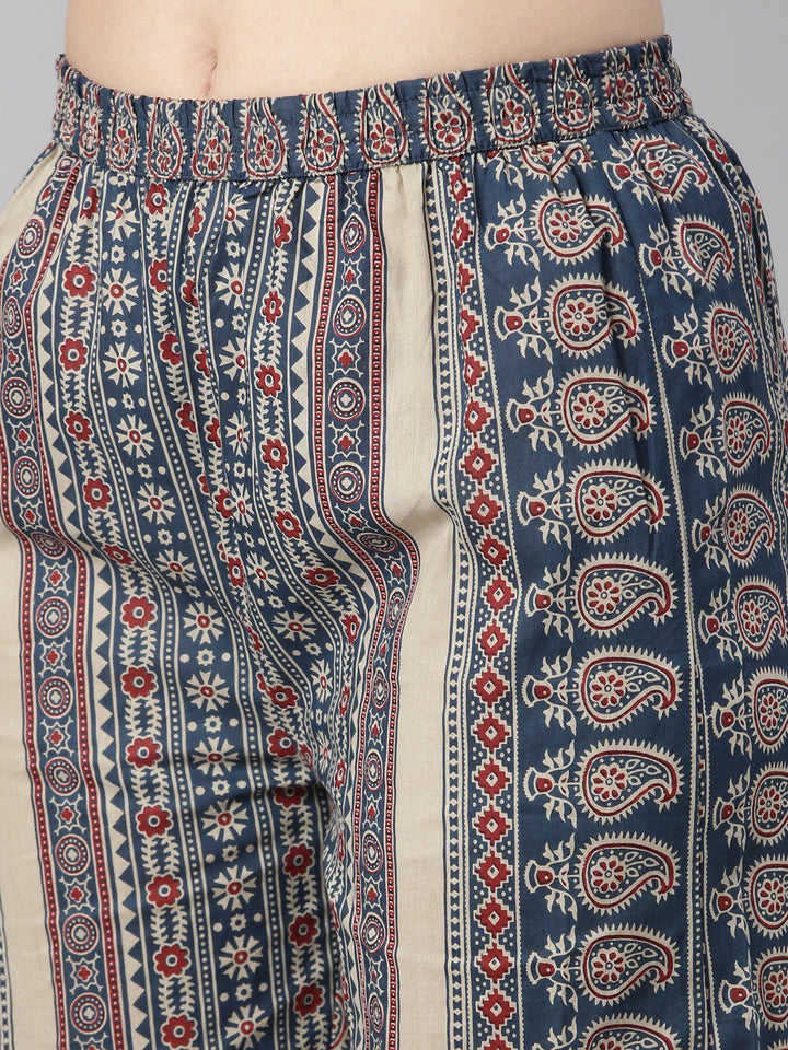 Neerus Blue Printed Straight Kurta and Trousers With Dupatta