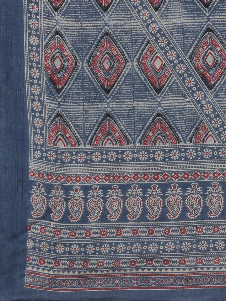 Neerus Blue Printed Straight Kurta and Trousers With Dupatta