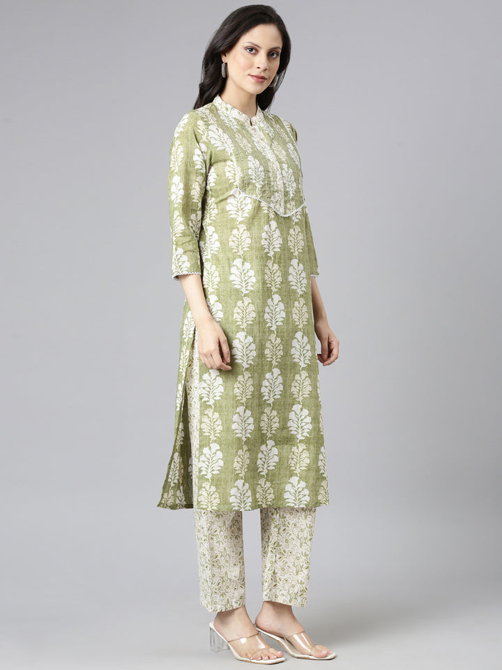 Neerus Green Yoke Design Straight Kurta and Trousers With Dupatta