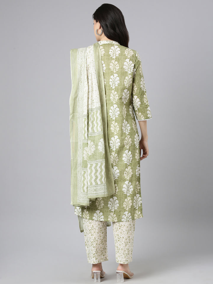 Neerus Green Yoke Design Straight Kurta and Trousers With Dupatta