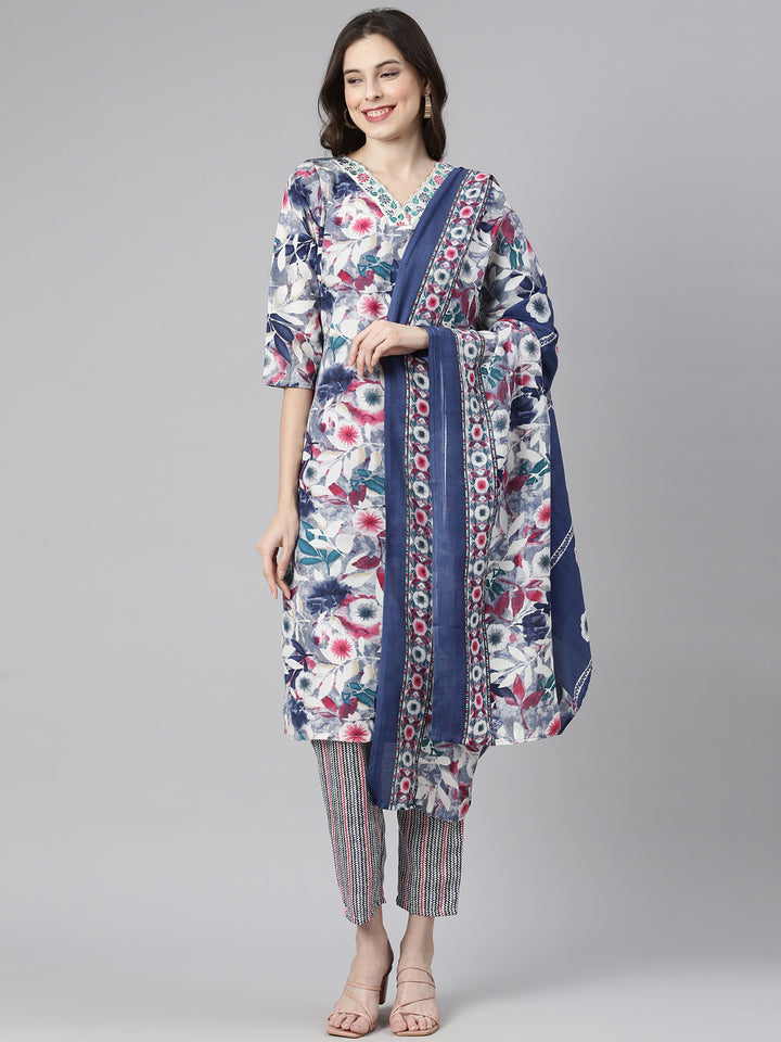 Neerus Multi Printed Straight Kurta and Trousers With Dupatta