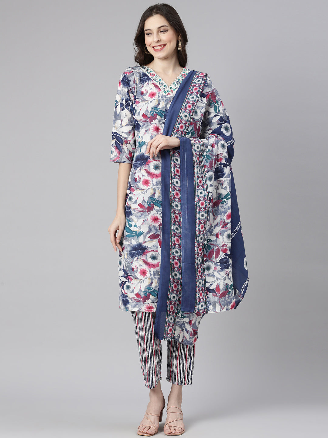Neerus Multi Printed Straight Kurta and Trousers With Dupatta