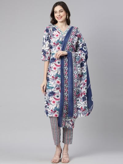 Neerus Multi Printed Straight Kurta and Trousers With Dupatta