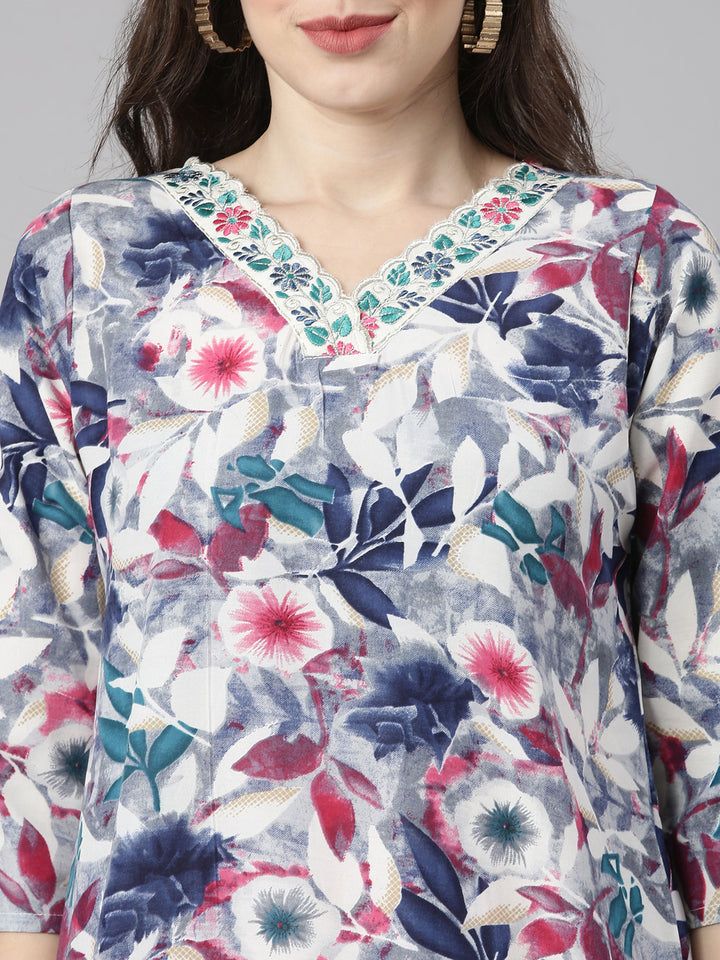 Neerus Multi Printed Straight Kurta and Trousers With Dupatta