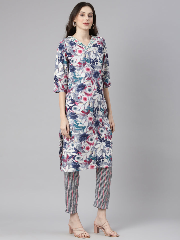 Neerus Multi Printed Straight Kurta and Trousers With Dupatta