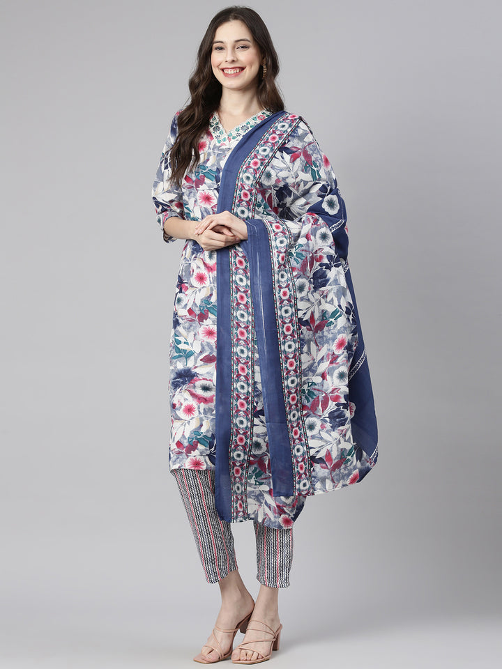 Neerus Multi Printed Straight Kurta and Trousers With Dupatta