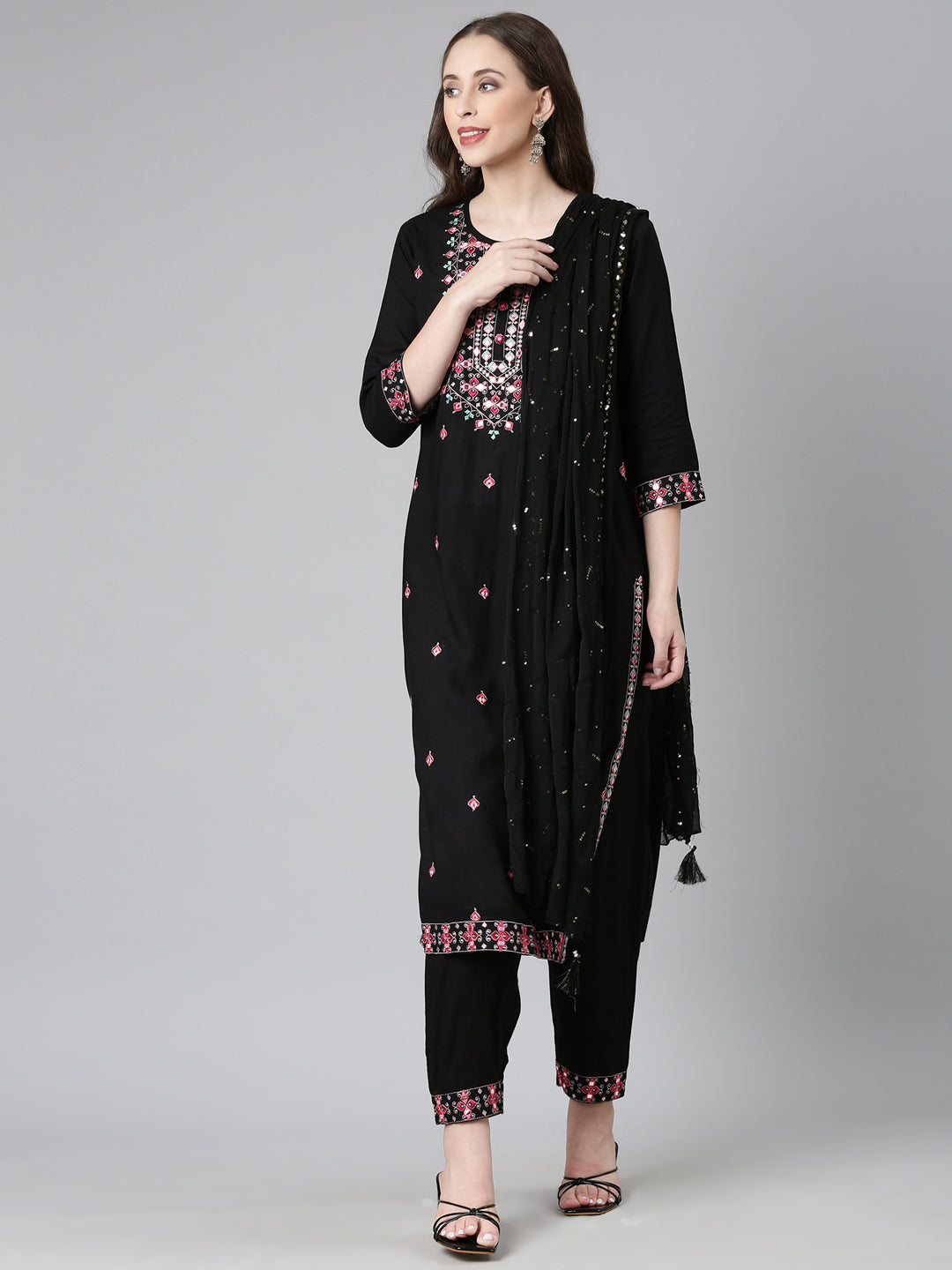 Neerus Black Yoke Design Straight Kurta and Trousers With Dupatta
