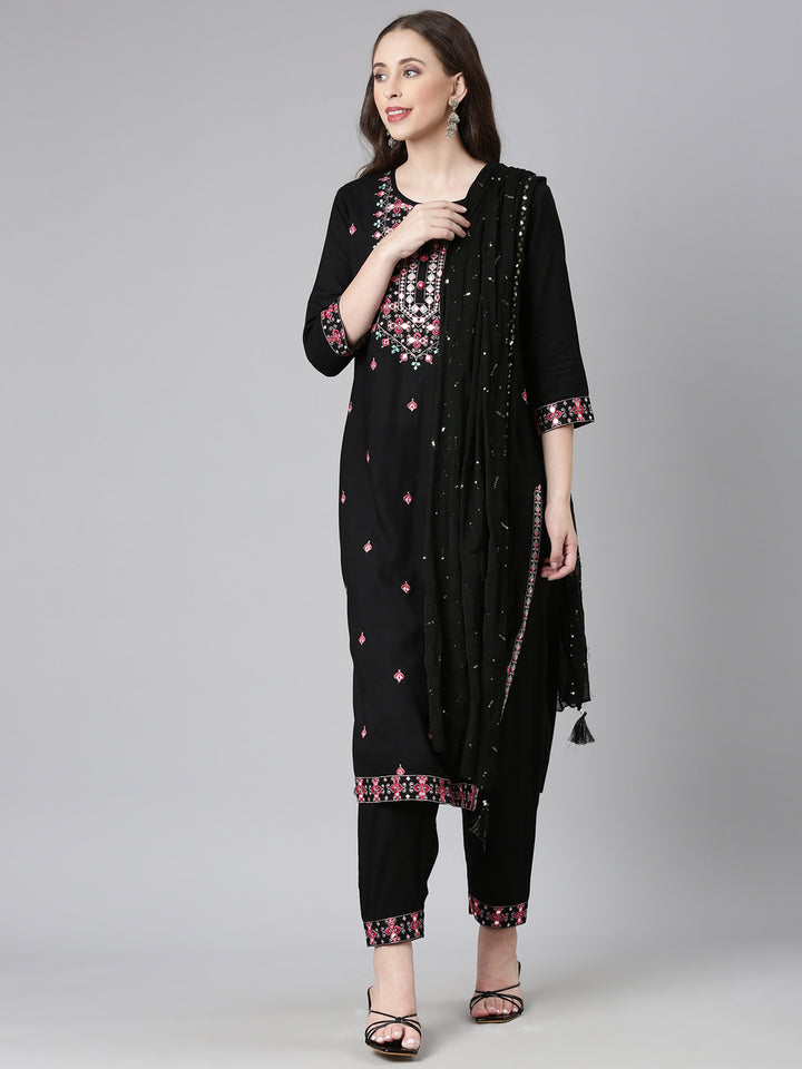 Neerus Black Yoke Design Straight Kurta and Trousers With Dupatta
