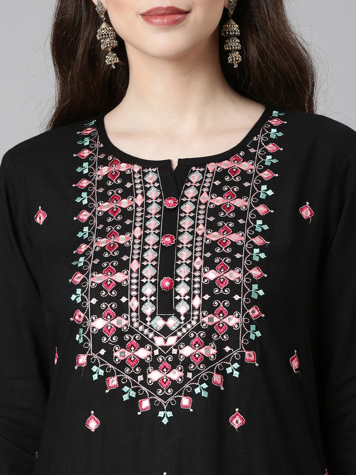 Neerus Black Yoke Design Straight Kurta and Trousers With Dupatta