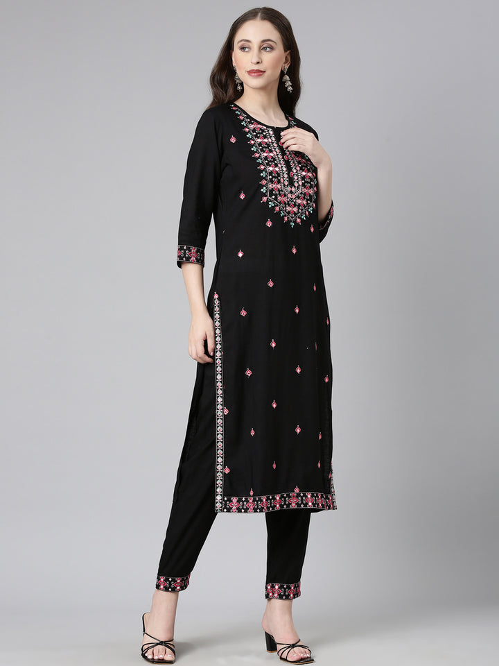 Neerus Black Yoke Design Straight Kurta and Trousers With Dupatta