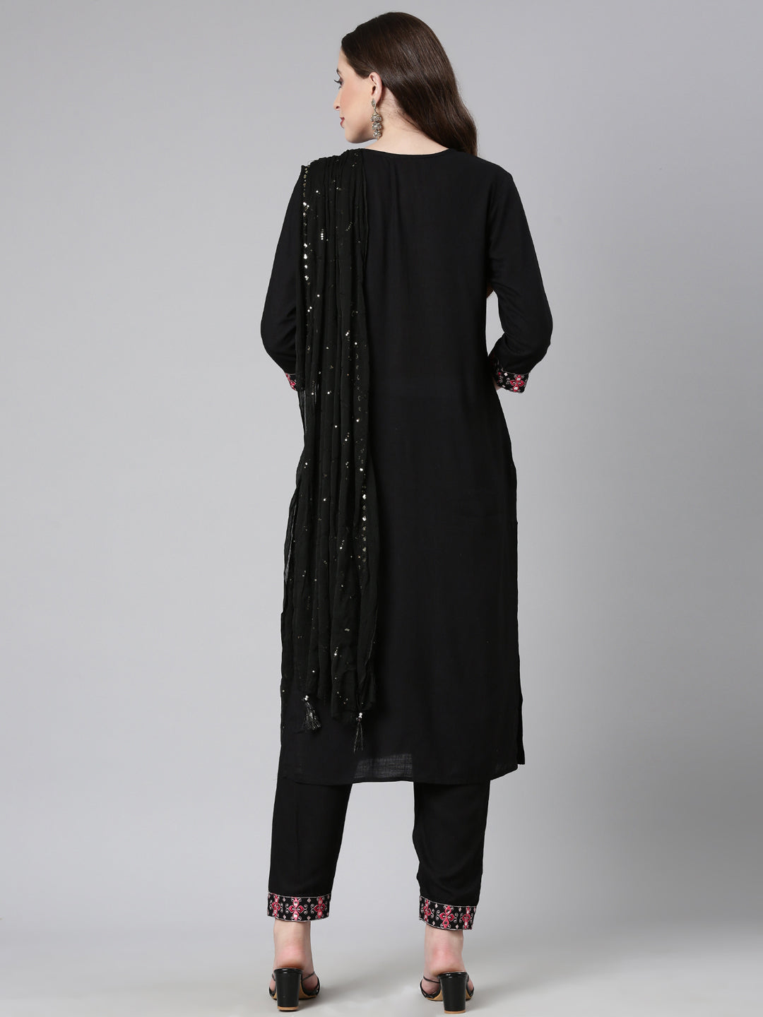Neerus Black Yoke Design Straight Kurta and Trousers With Dupatta