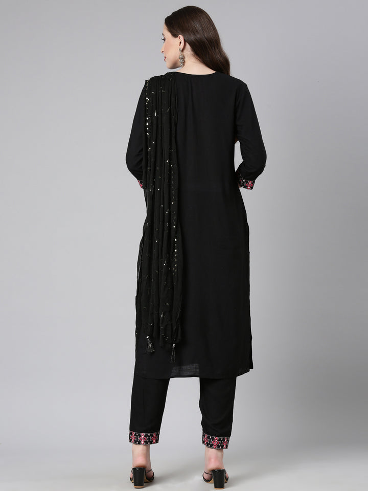 Neerus Black Yoke Design Straight Kurta and Trousers With Dupatta