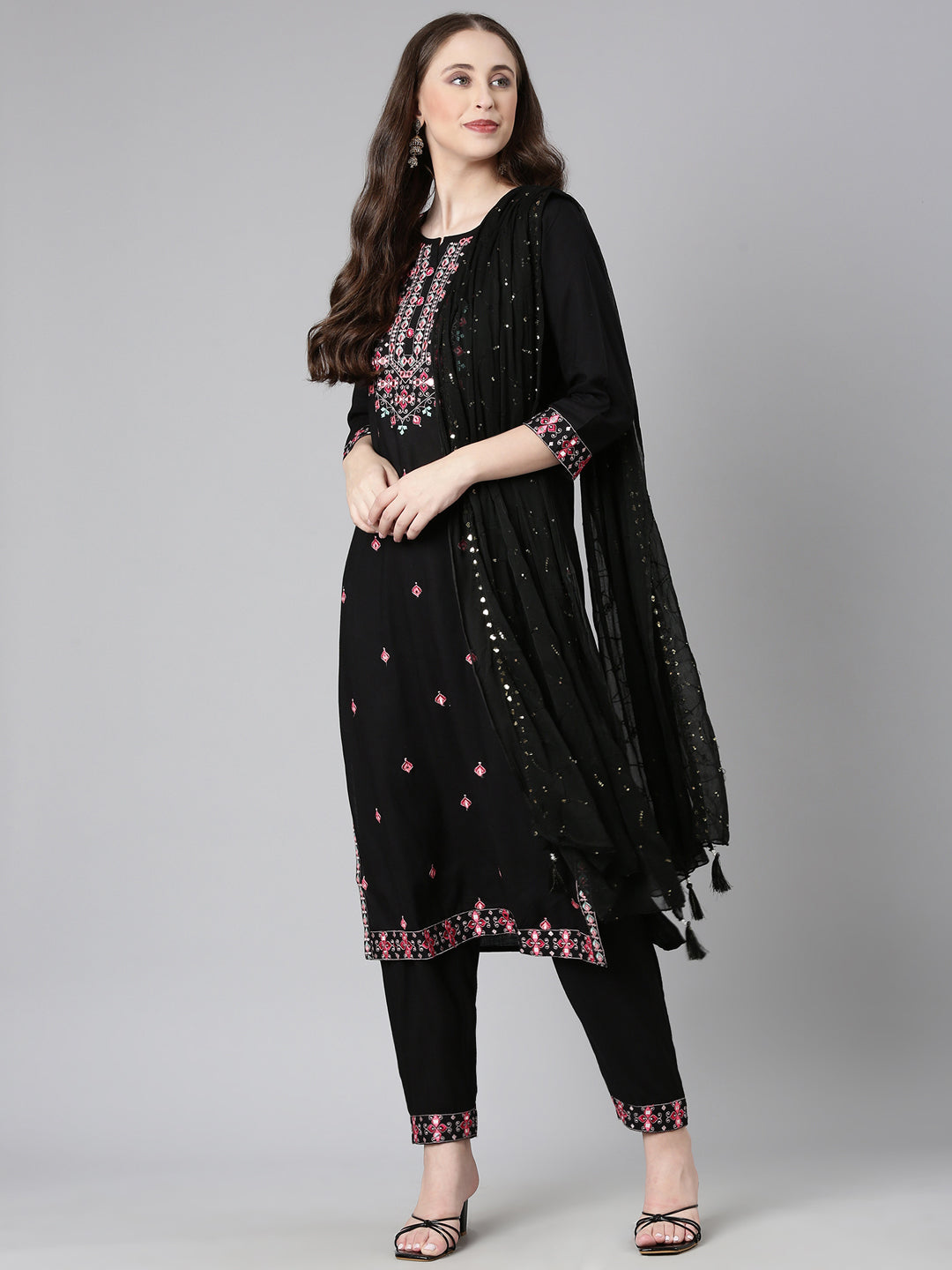 Neerus Black Yoke Design Straight Kurta and Trousers With Dupatta