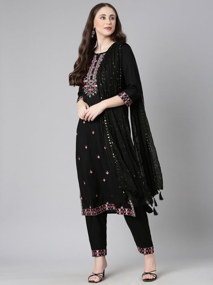 Neerus Black Yoke Design Straight Kurta and Trousers With Dupatta