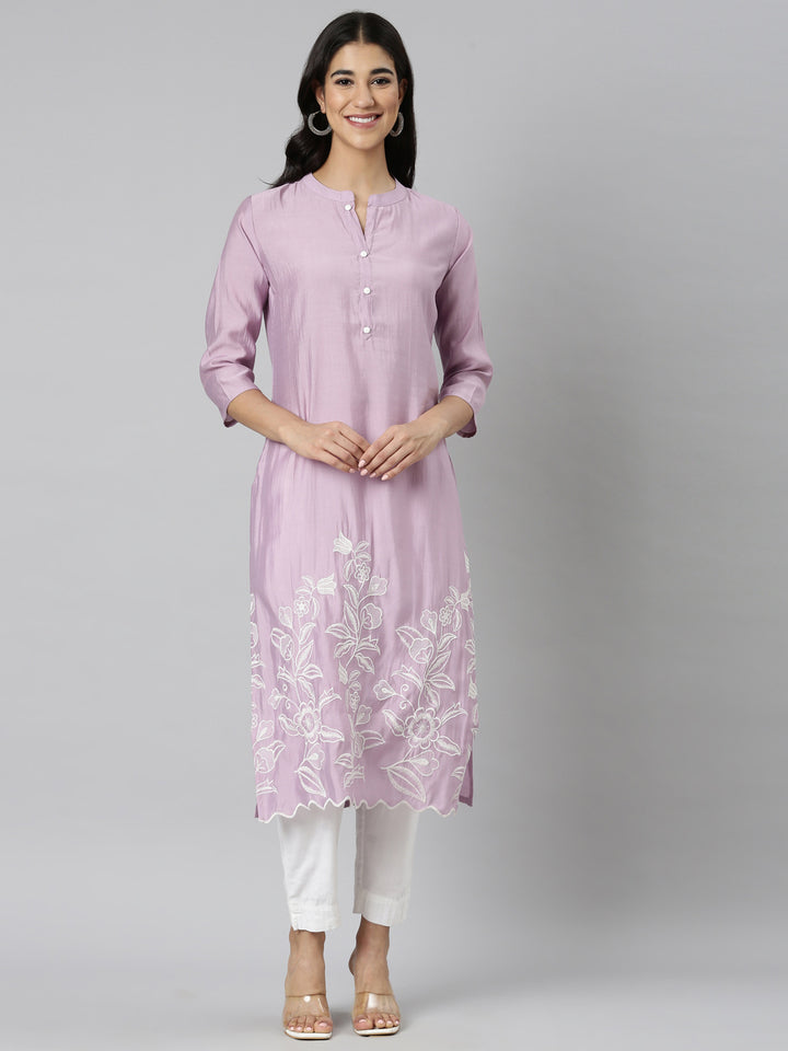 Neerus Purple shantoon solid straight kurti - front view