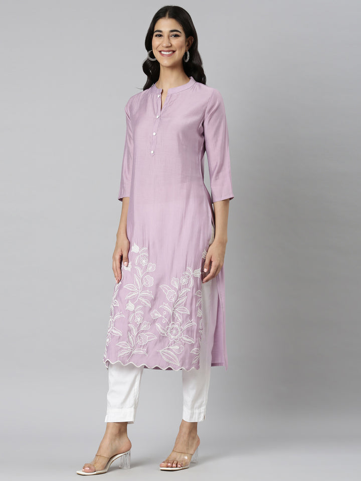 Neerus Purple shantoon solid straight kurti - back view