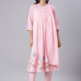 Neerus Pink Embroidered Anarkali Kurta And Trousers With Dupatta