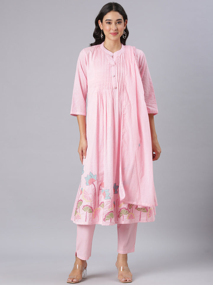 Neerus Pink Embroidered Anarkali Kurta And Trousers With Dupatta