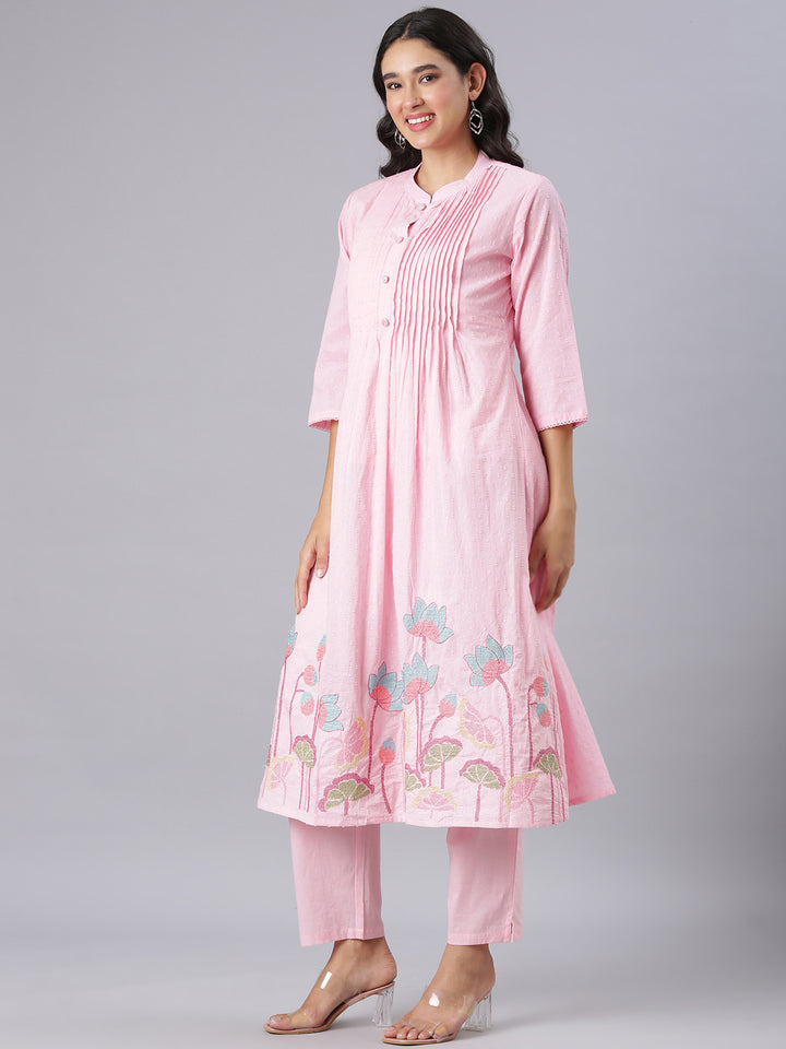 Neerus Pink Embroidered Anarkali Kurta And Trousers With Dupatta