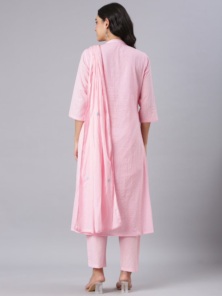 Neerus Pink Embroidered Anarkali Kurta And Trousers With Dupatta