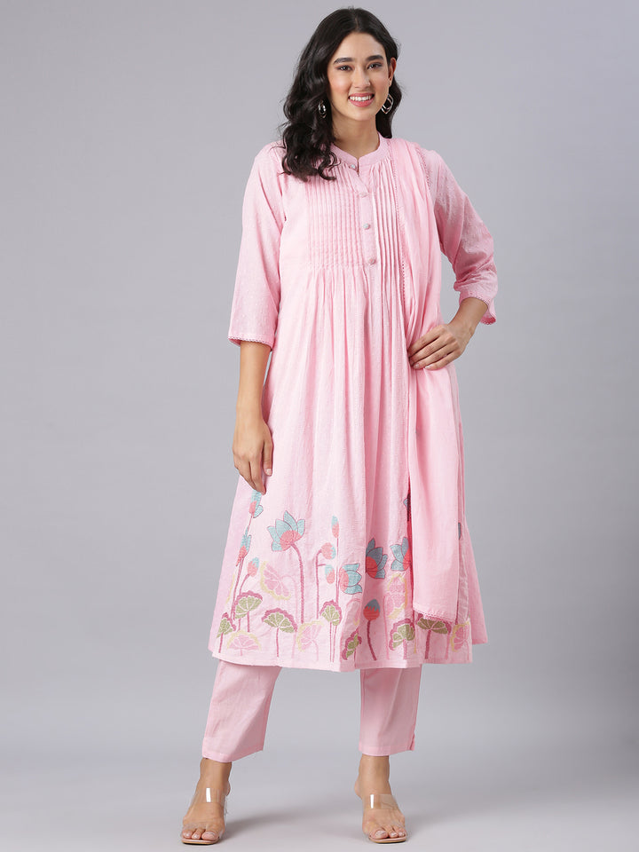 Neerus Pink Embroidered Anarkali Kurta And Trousers With Dupatta