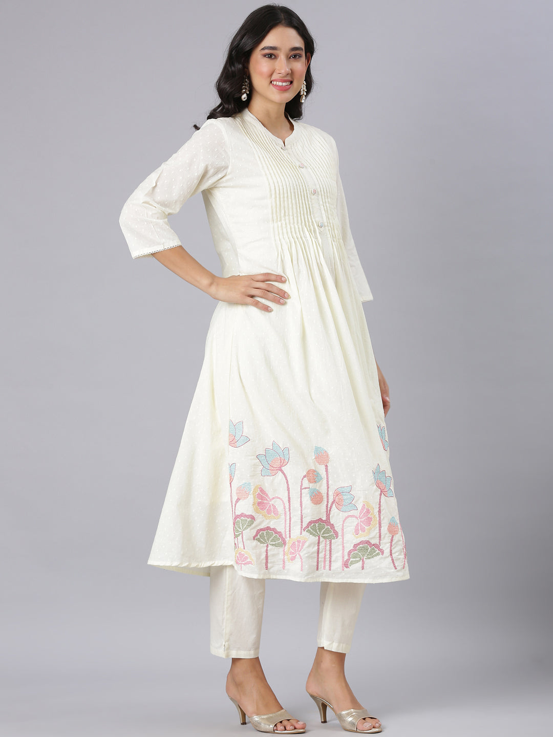 Neerus Cream Embroidered Anarkali Kurta And Trousers With Dupatta