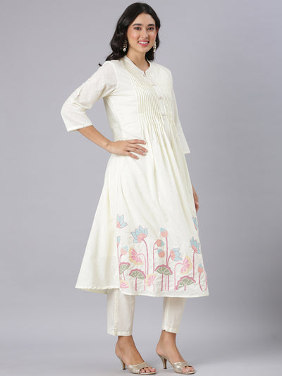 Neerus Cream Embroidered Anarkali Kurta And Trousers With Dupatta