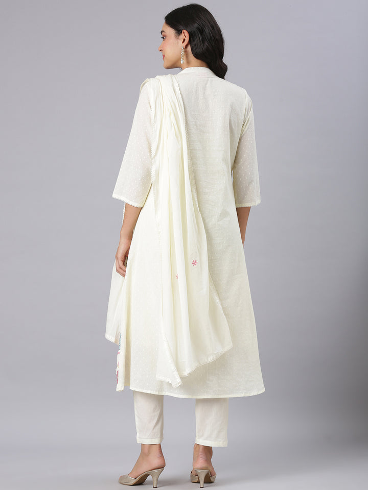 Neerus Cream Embroidered Anarkali Kurta And Trousers With Dupatta