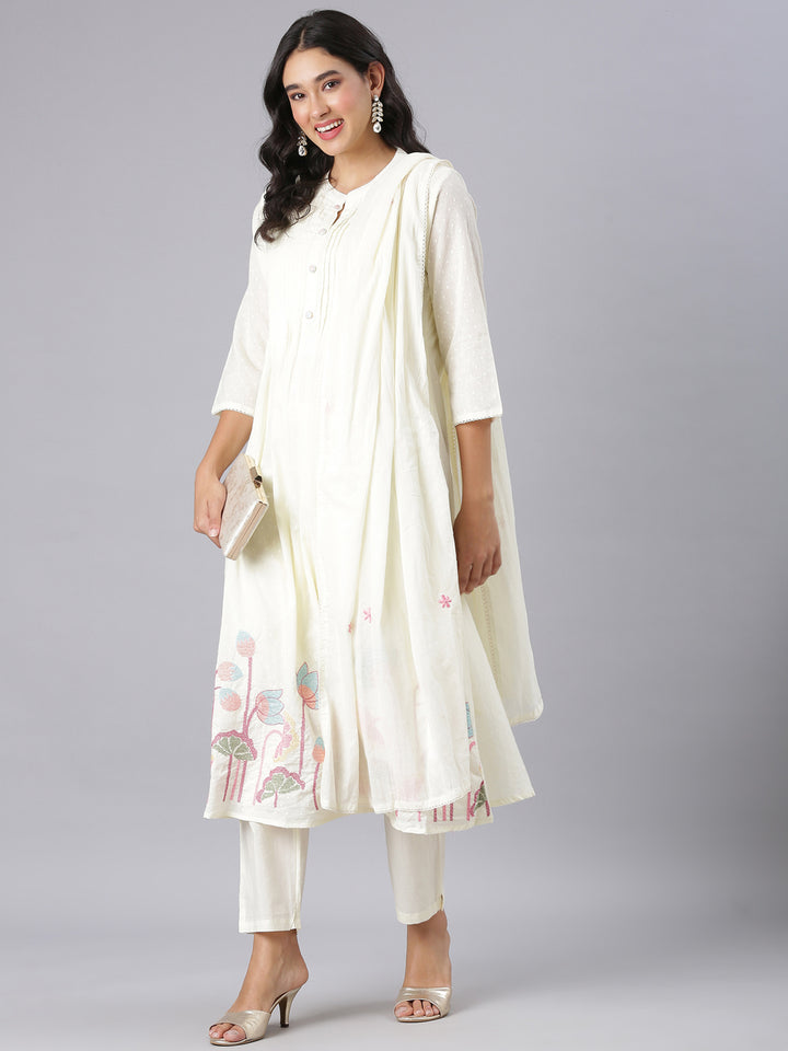 Neerus Cream Embroidered Anarkali Kurta And Trousers With Dupatta