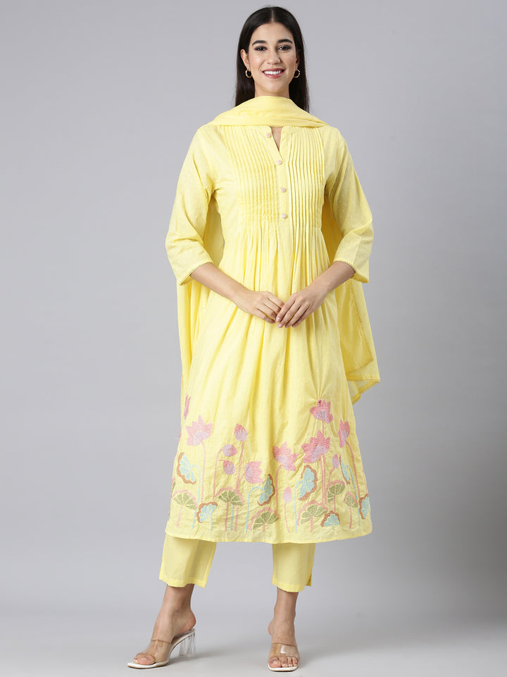 Neerus Yellow Solid Straight Kurta and Trousers With Dupatta