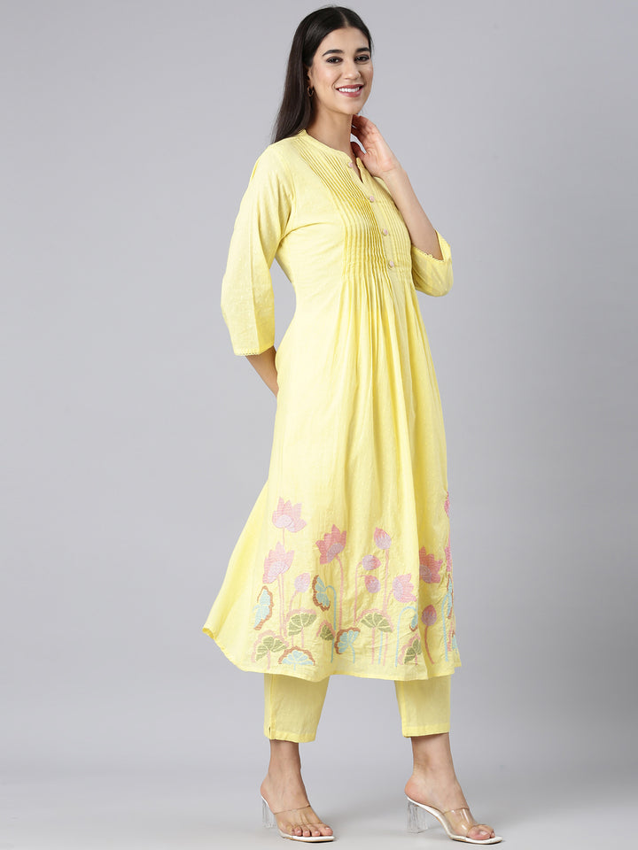 Neerus Yellow Solid Straight Kurta and Trousers With Dupatta