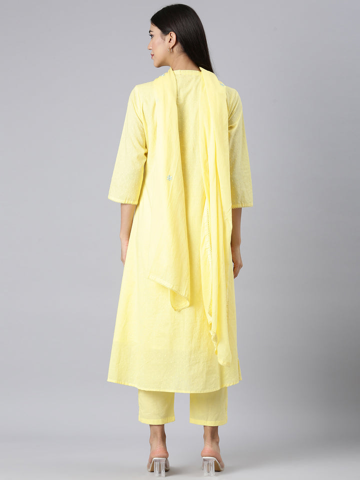 Neerus Yellow Solid Straight Kurta and Trousers With Dupatta