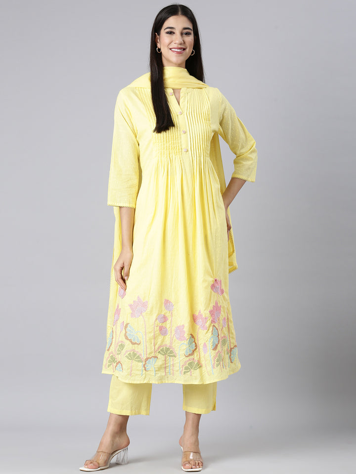 Neerus Yellow Solid Straight Kurta and Trousers With Dupatta
