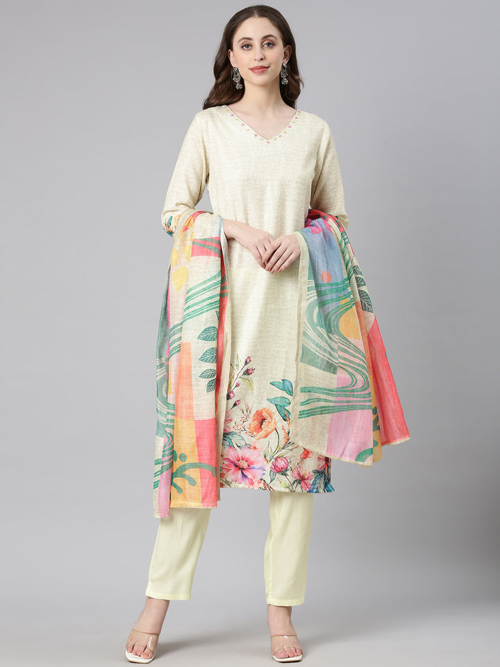Neerus Yellow Printed Straight Kurta and Trousers With Dupatta