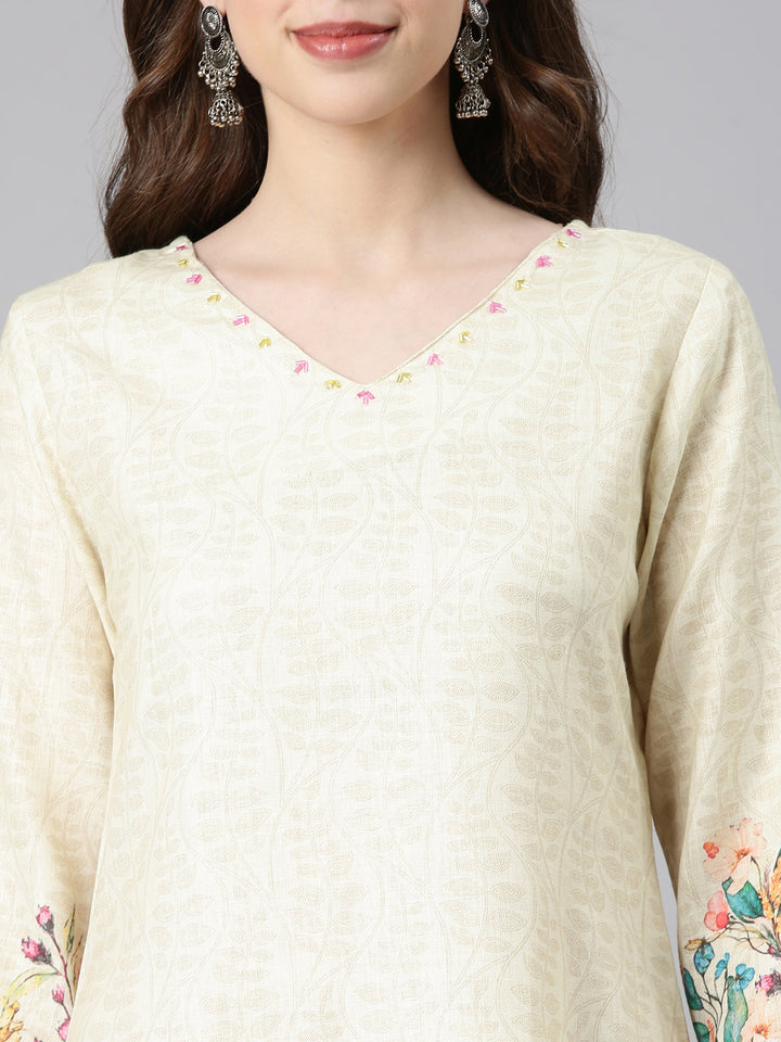 Neerus Yellow Printed Straight Kurta and Trousers With Dupatta