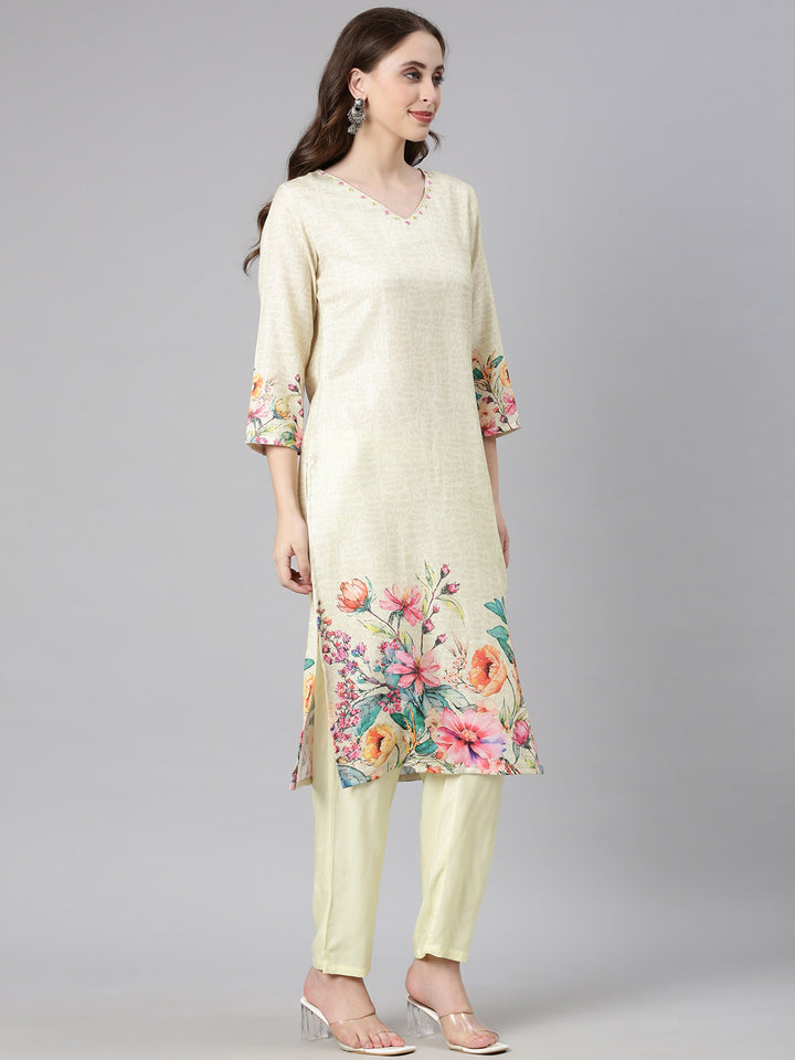 Neerus Yellow Printed Straight Kurta and Trousers With Dupatta