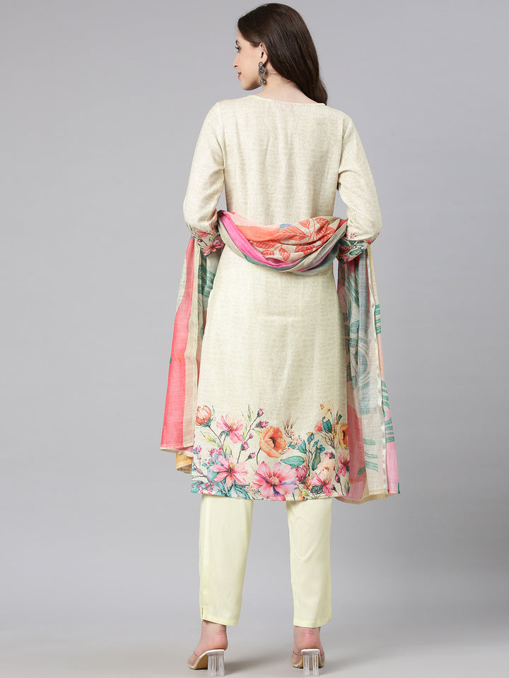 Neerus Yellow Printed Straight Kurta and Trousers With Dupatta