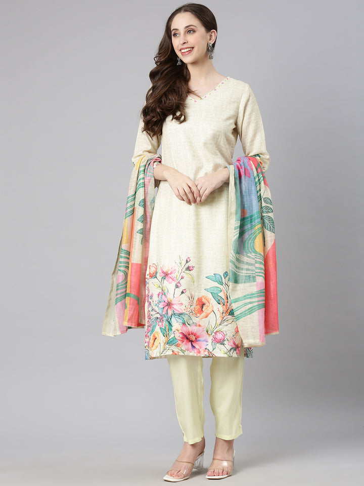 Neerus Yellow Printed Straight Kurta and Trousers With Dupatta