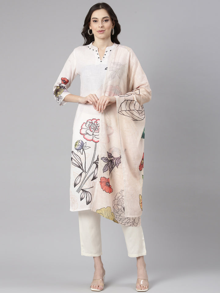 Neerus Cream Printed Straight Kurta and Trousers With Dupatta