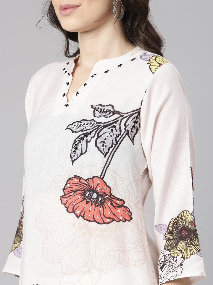 Neerus Cream Printed Straight Kurta and Trousers With Dupatta