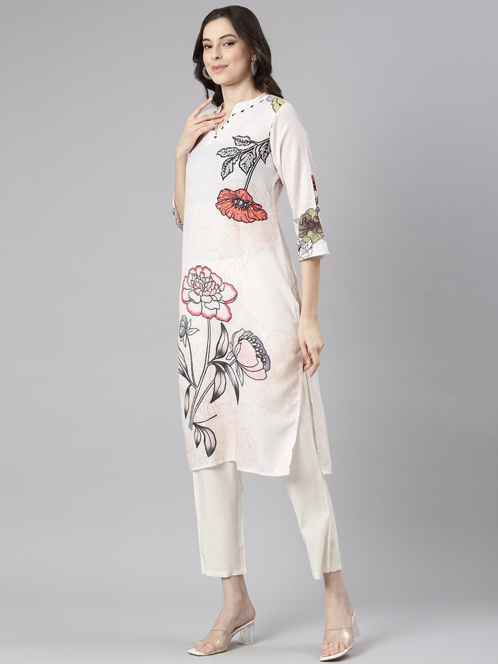 Neerus Cream Printed Straight Kurta and Trousers With Dupatta