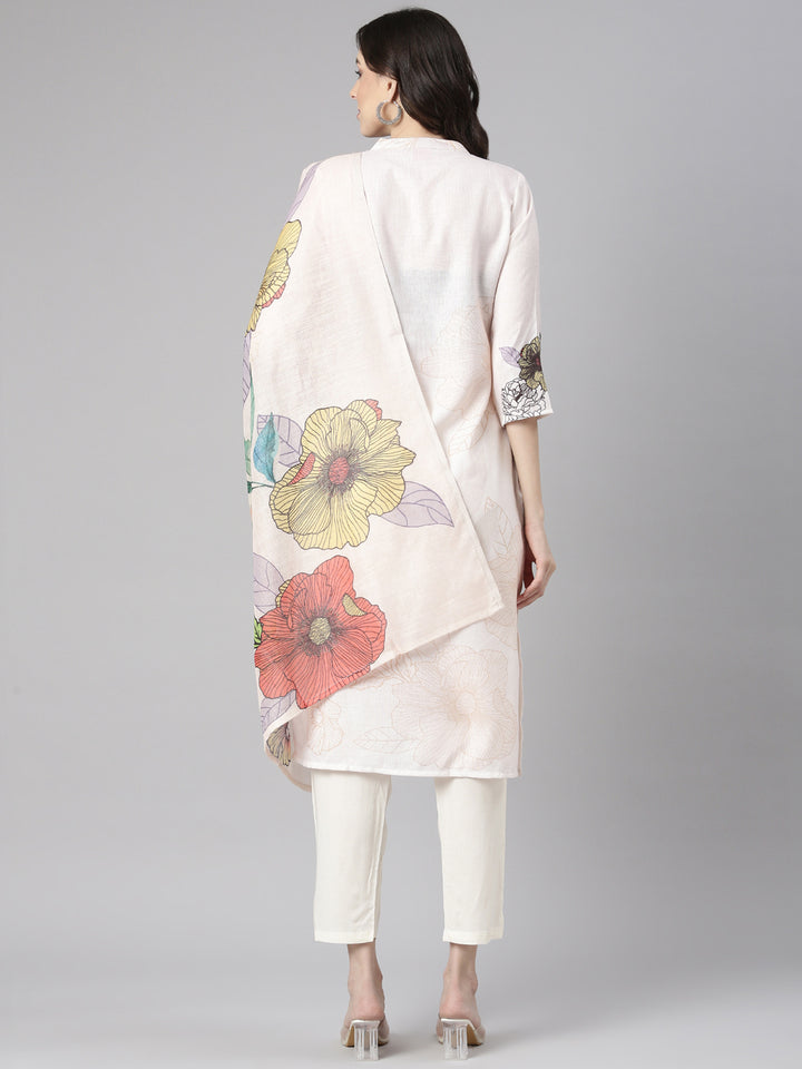 Neerus Cream Printed Straight Kurta and Trousers With Dupatta