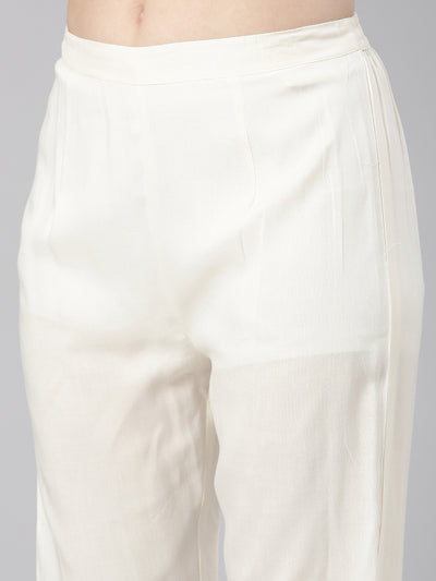 Neerus Cream Printed Straight Kurta and Trousers With Dupatta