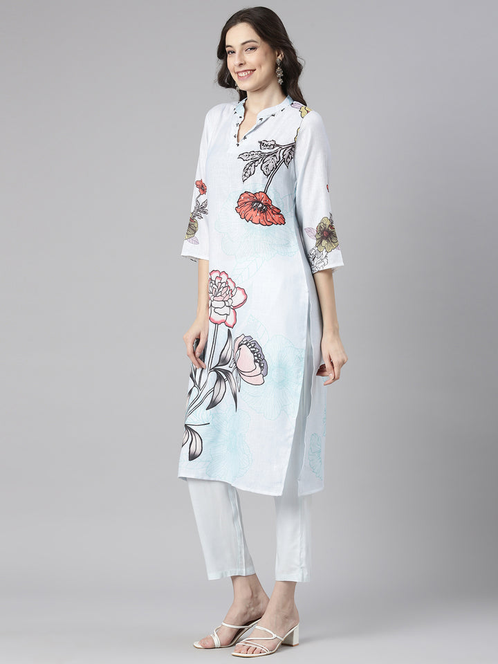 Neerus Blue Printed Straight Kurta and Trousers With Dupatta