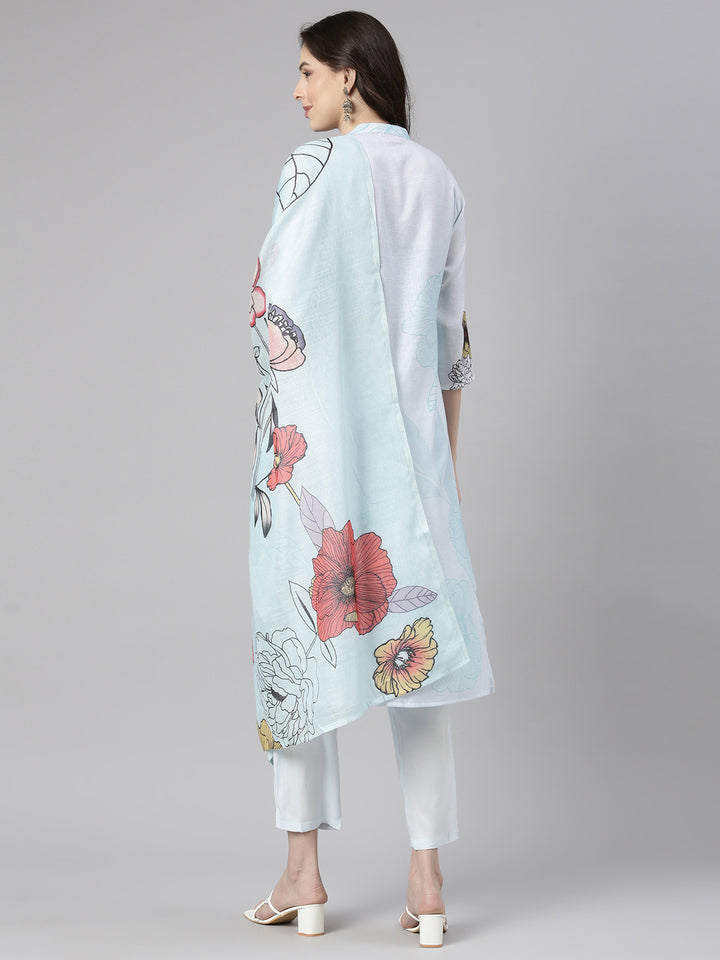 Neerus Blue Printed Straight Kurta and Trousers With Dupatta