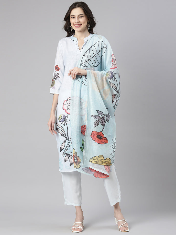 Neerus Blue Printed Straight Kurta and Trousers With Dupatta