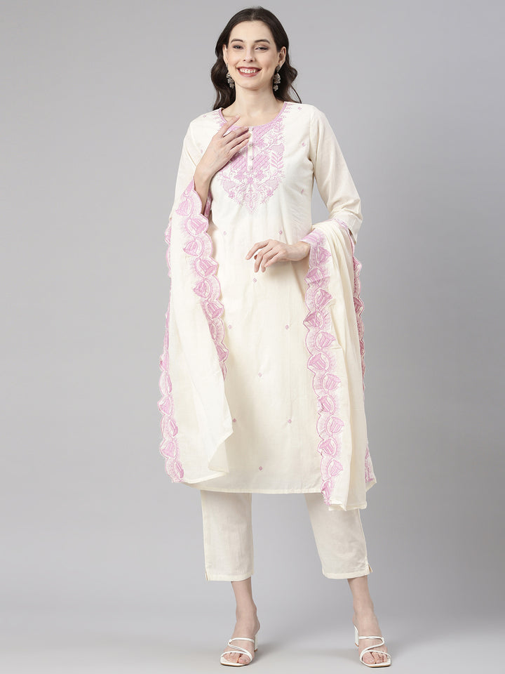 Neerus Lavender Embroidered Straight Kurta and Trousers With Dupatta