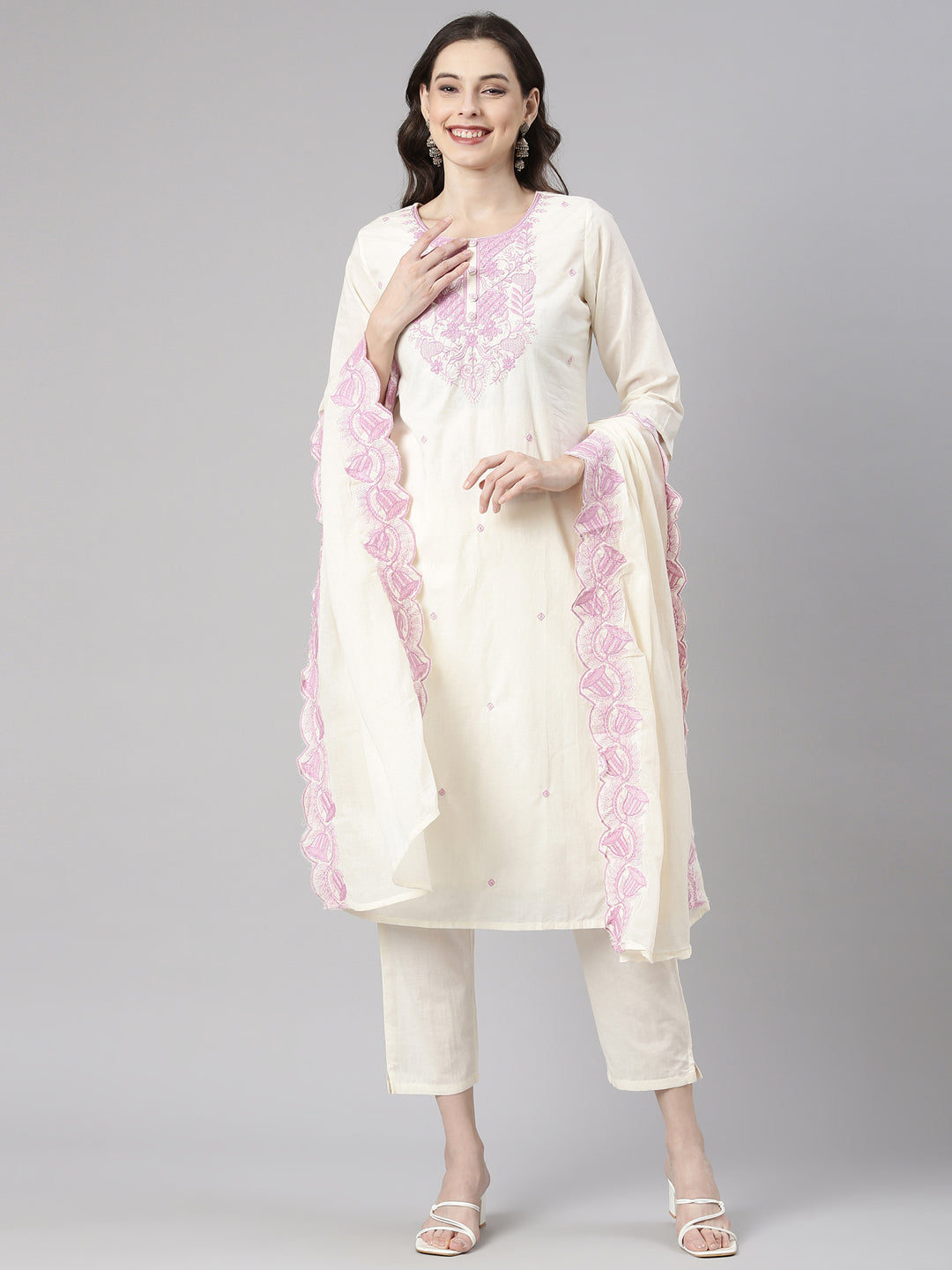 Neerus Lavender Embroidered Straight Kurta and Trousers With Dupatta
