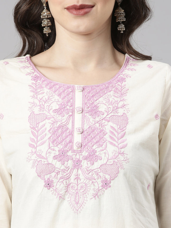 Neerus Lavender Embroidered Straight Kurta and Trousers With Dupatta